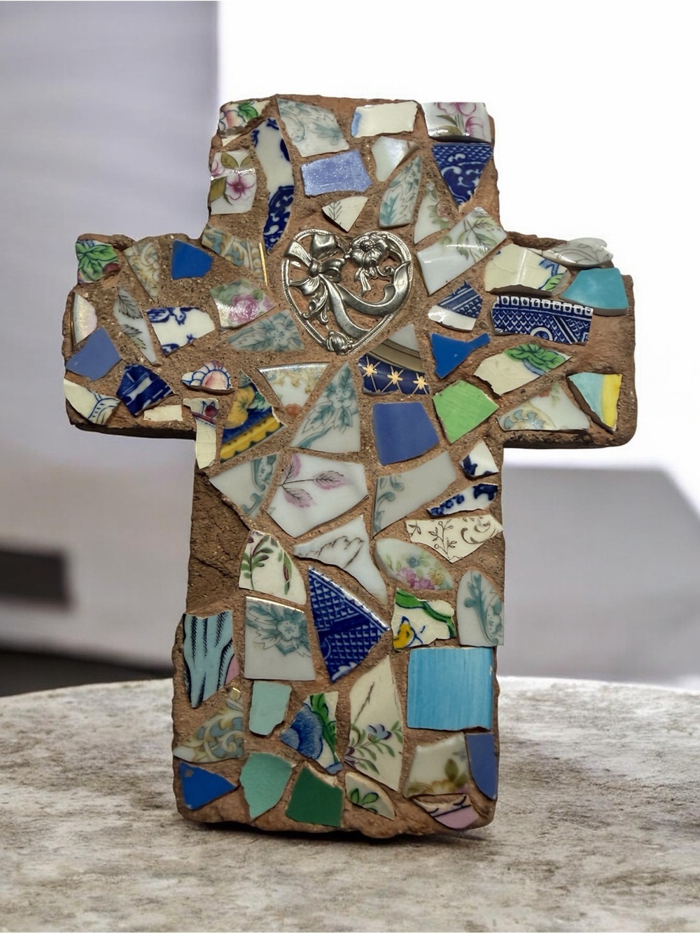Vintage Broken China Mosaic Cross Wall Hanging Handmade Folk Art